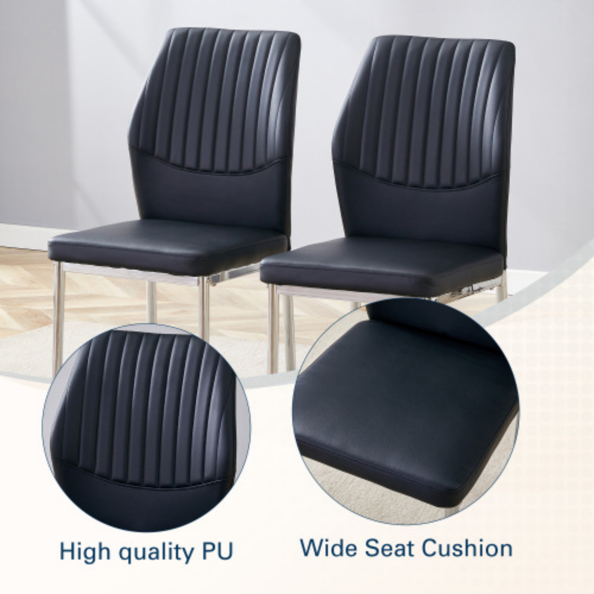 SUDICA Modern PU Leather Dining Chairs Set of 4, Ergonomic High Back Kitchen Chairs with Silver Metal Legs, Comfortable Padded Seat, Easy to Clean, Black