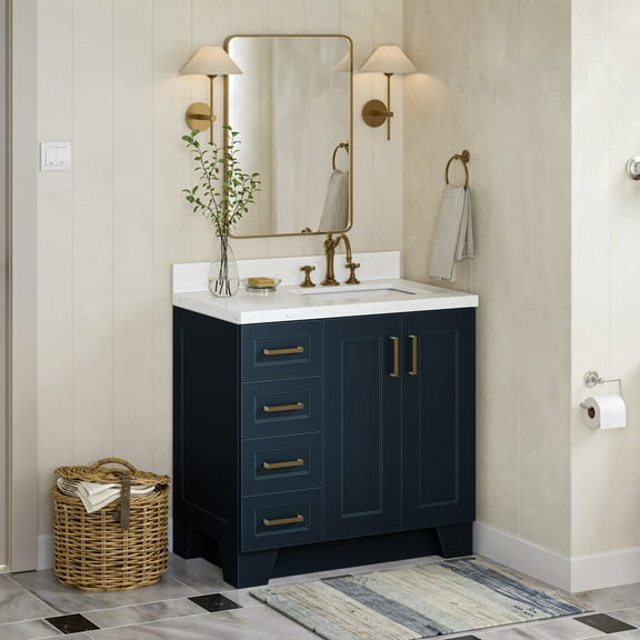 ARIEL Taylor 36 Inch Right Offset Rectangle Sink Bathroom Vanity With Carrara White Quartz Countertop 1.5 Edge In Midnight Blue