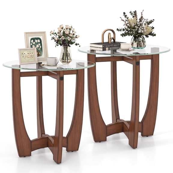 Gymax 2PCS Round Side Table w/Glass Tabletop Cross-shaped Solid Rubber Wood Frame Clear Walnut