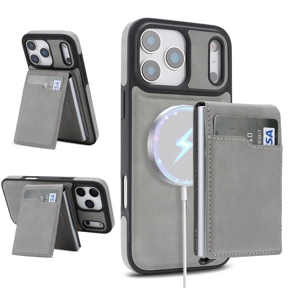 Compatible with iPhone 16e Case, Fashion Magnetic PU Leather TPU Cover with Detachable Card Holder Kickstand Ultra Slim Lightweight Drop Protective Phone Case, Gray
