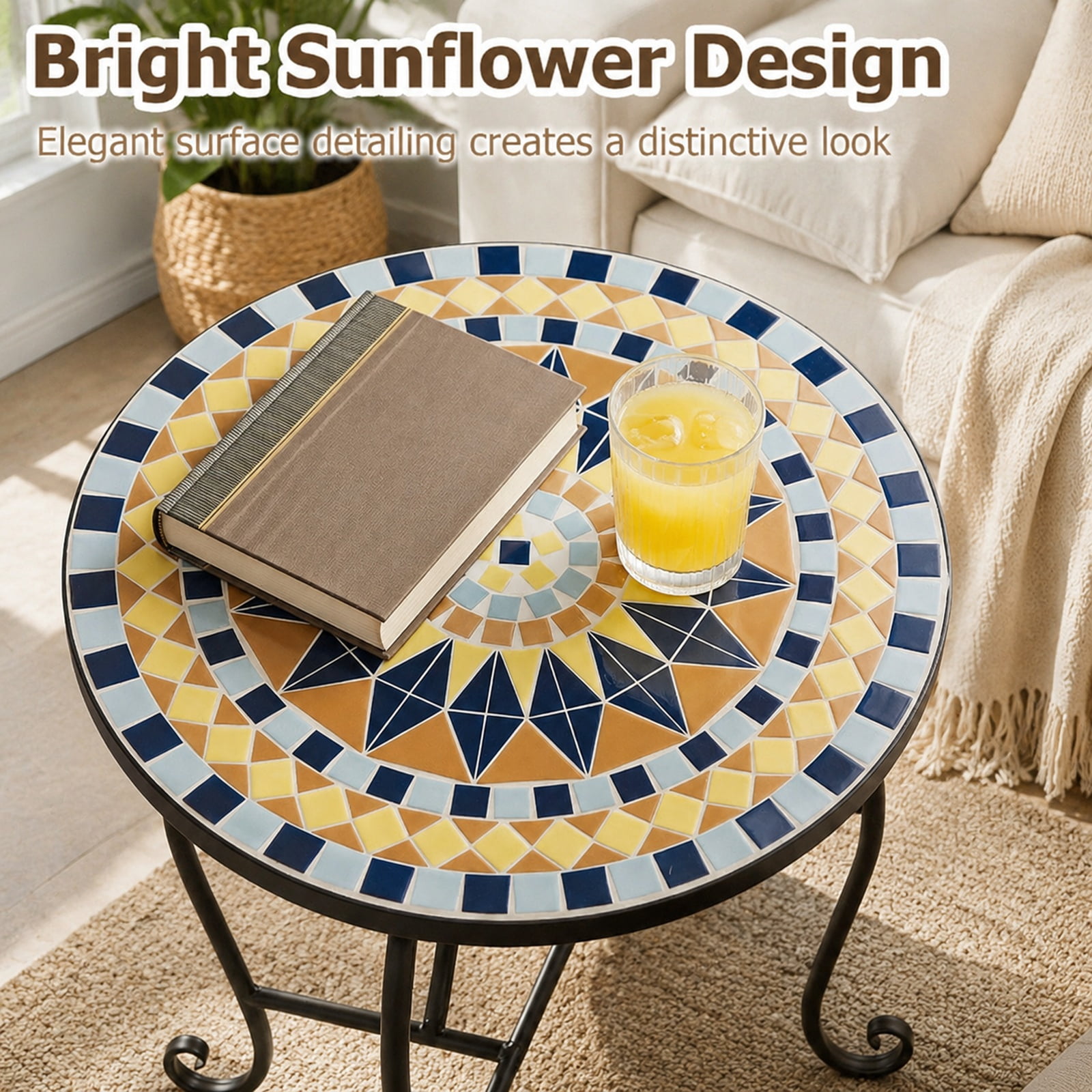 Biotree 14 Inch Mosaic Patio Accent Table, Metal Outdoor Side Table Plant Stand with Sunflower Floral Top and X-Base for Backyard Poolside, Yellow
