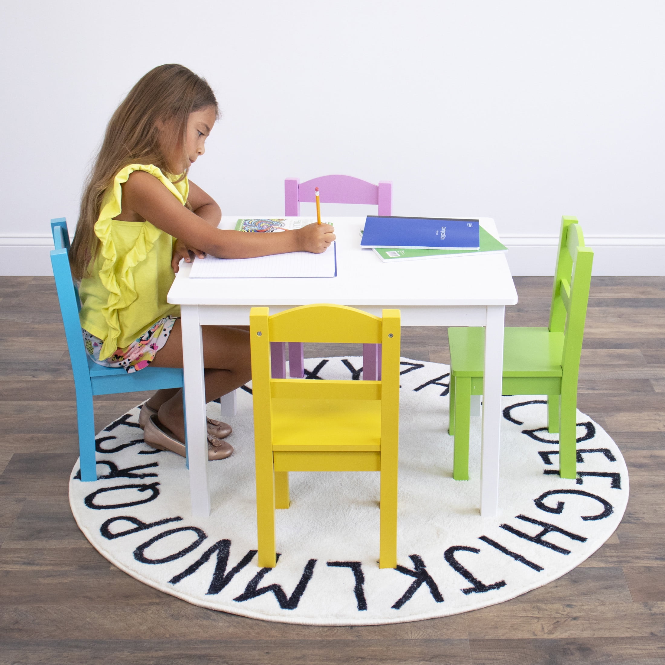 Humble Crew Pastel Kids 5-Piece Storage Outdoor Activity Table and Chair Set, White/Pink/Blue/Green/Yellow