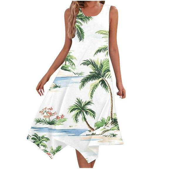 Ruimatai Women's Floral Coconut Print Sleeveless Beach Dress with Pockets Round Neck Casual Summer Tank Dress Lightweight Comfortable