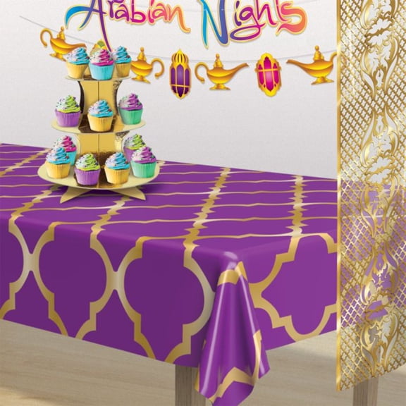 Set of 12 Purple and Gold Lattice Plastic Party Table Cover 9'