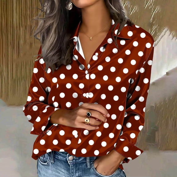 Yrmaups Polka Dot Button Down Long Sleeve Blouse for Women, V Neck Casual Shirt, Soft Lightweight Top for Office Travel Weekend Outing, Red 2XL