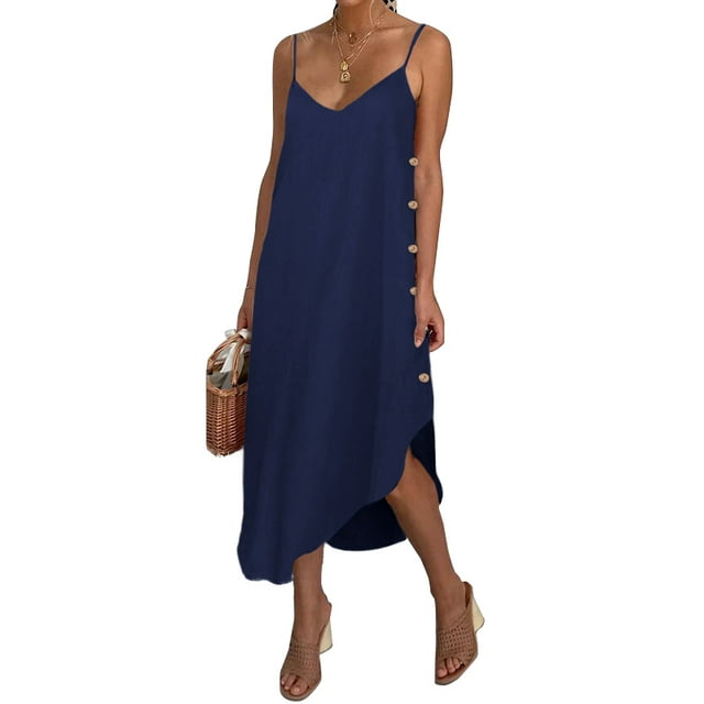 Celmia Robe Cami en Denim à Boutons et Bretelles pour Femmes Été Midi Plage Robe d'Été