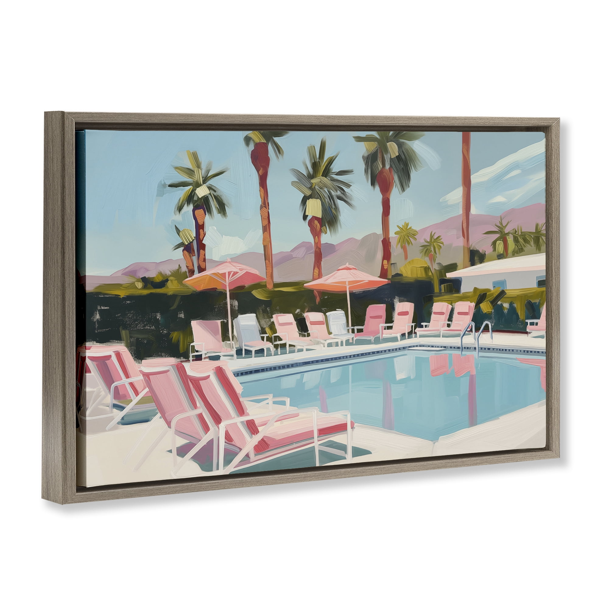 Stupell Industries Palm Springs Swimming Pool Landscape & Nature Painting Brown Floater Framed Canvas Art Print Wall Art, 25 x 17