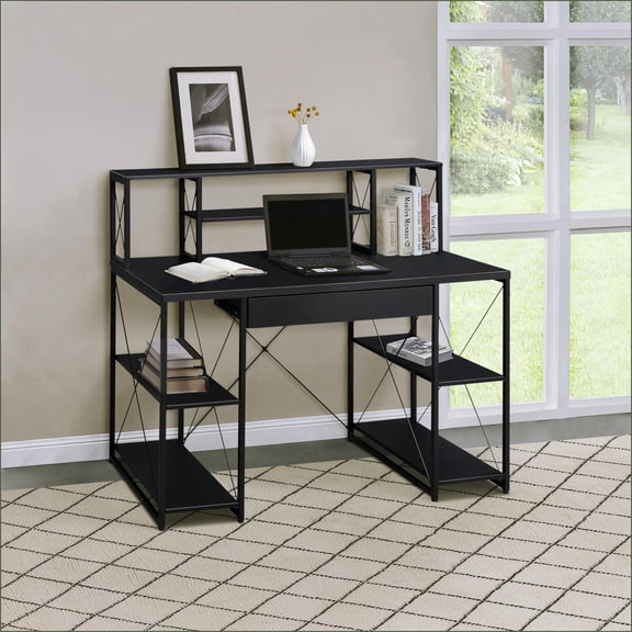 Desks, Modern Office Desk with Open Shelves & Hutch, 47.5”W | Black | Wood   Metal