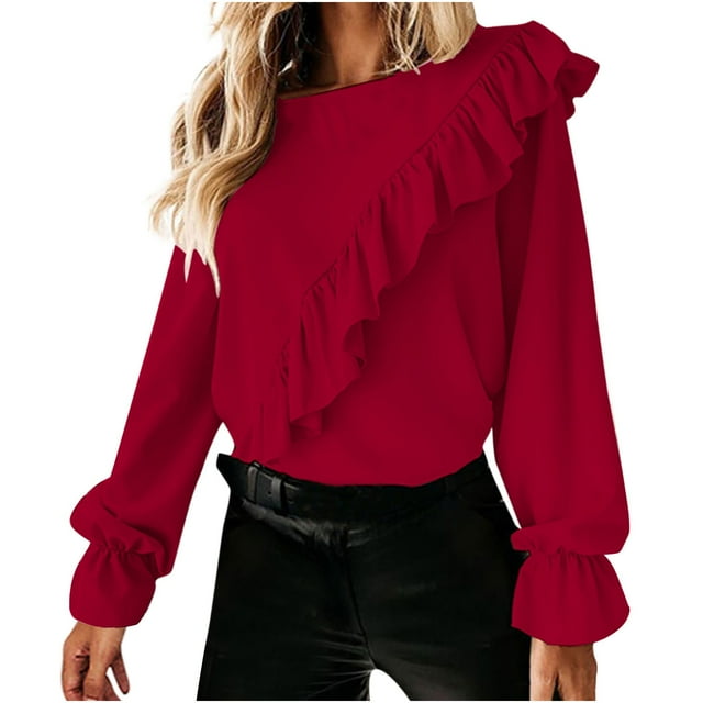 Moda de mujer manga larga sólido casual cuello redondo blusa mangas acampanadas Pompotops gfhjh16193