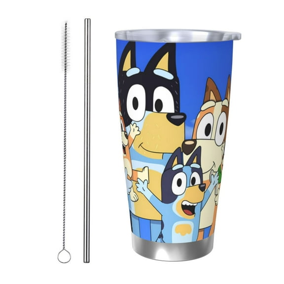Masiiu Bluey Print 20OZ Car Cup for Travel, Insulated Stainless Steel Cup, Leak-Proof Lid with Straw and Direct Drinking Opening-Straw Two-piece Set