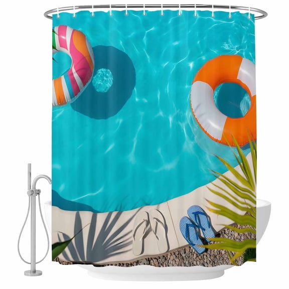 Summer Pool Shower Curtains for Bathroom, Waterproof Fabric Bath Curtains Decor, Bath Tub Curtain Tropical Botanical Swimming Ring Decorative Shower Curtain Sets with 12 Hooks, 72x72 Inch