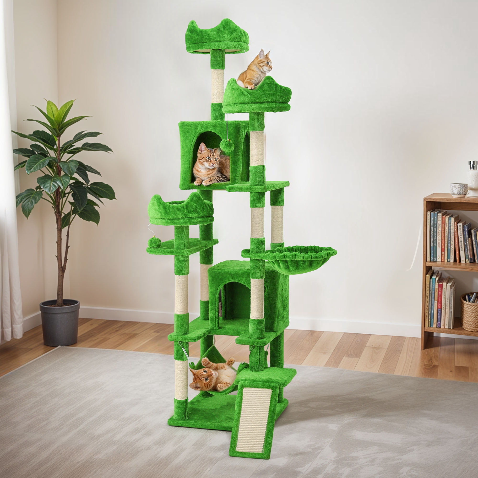 Dextrus 75" Tall Cat Tree for Large Cats, Multi-Level Play Tower Condo with Sisal Ramp Scratching Post & Hammocks, Green