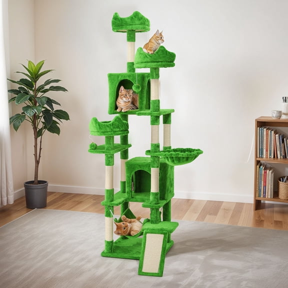 Uforic 75" Large Cat Tree Tower with Multi-Level Play Condo, Sisal Ramp, Scratching Posts & Cozy Basket Hammocks, Green
