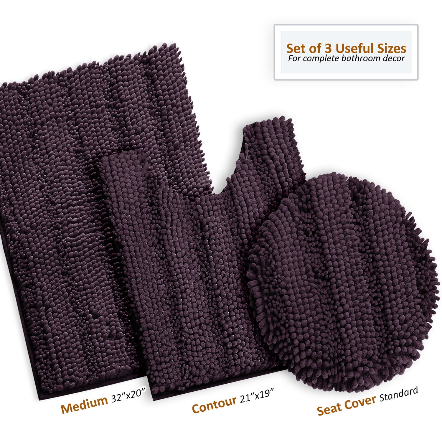 SAYFUT Chenille 3 PC Bath Mat Set Extra Soft Absorbent Medium Contour Toilet Lid Cover