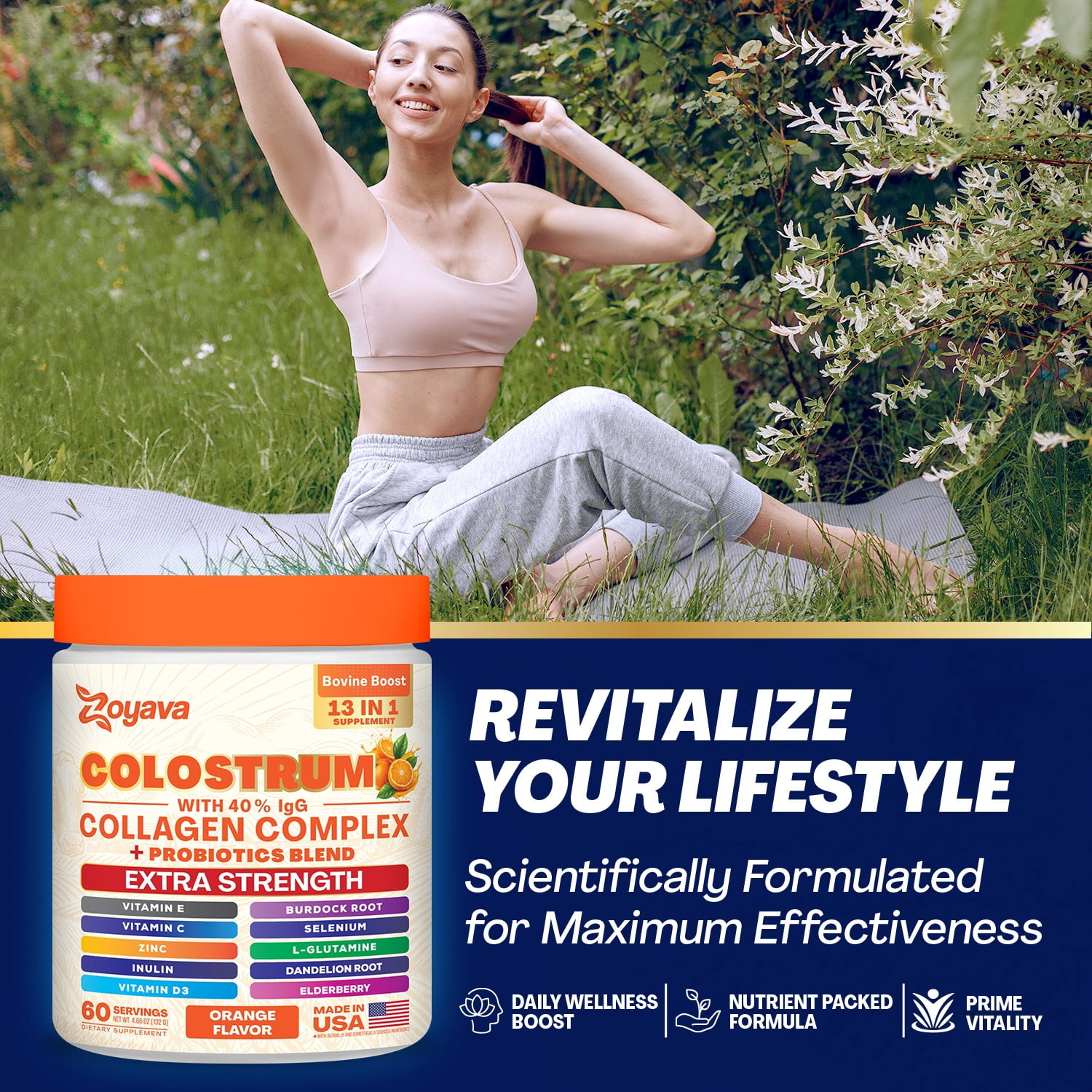 Parrox Colostrum Powder with 40% IgG, Collagen, Probiotics, Burdock Root,  L-Glutamine, Elderberry, Vitamin C, Vitamin E, Vitamin D3, Inulin, Selenium, Dandelion Root, Zinc, 60 Servings (Orange)