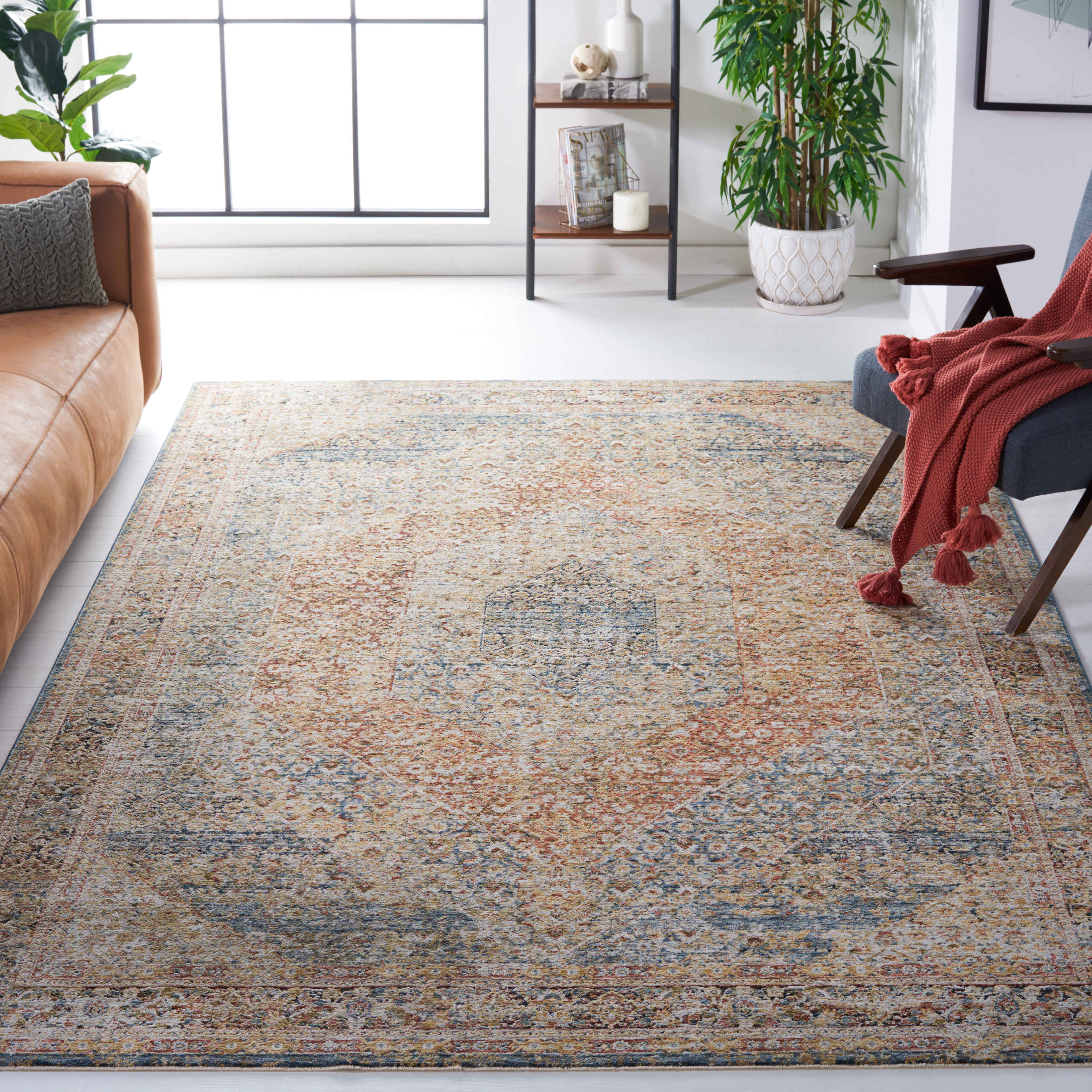 SAFAVIEH Silverado Damjana Medallion Polyester Area Rug, Blue/Rust, 9' x 12'