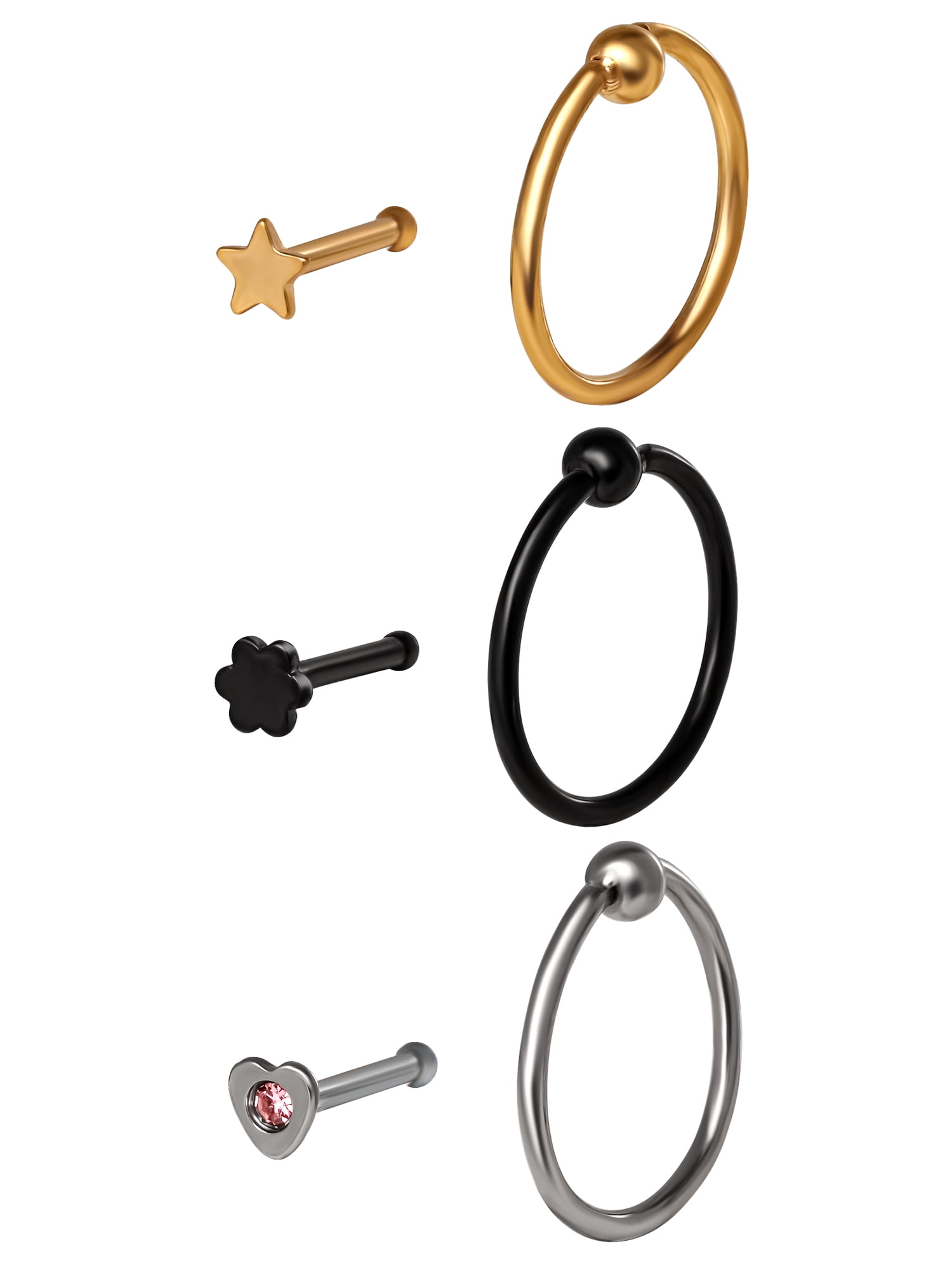 Body Jewelry Women's Stainless Steel 316L 20G Nose and Hoop Set, 6 Pack