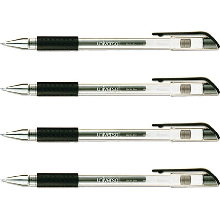 Gel Grip Roller Ball Pen (4 Pack) Universal Comfort Grip Gel Stick Roller Ball Pen, Black Ink, Medium, Dozen -UNV39510 ()