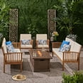 thumbnail image 2 of GDF Studio Navan Outdoor Acacia Wood 8 Seater Sofa Chat Set with Fire Pit, Teak, Cream, and Brown, 2 of 13