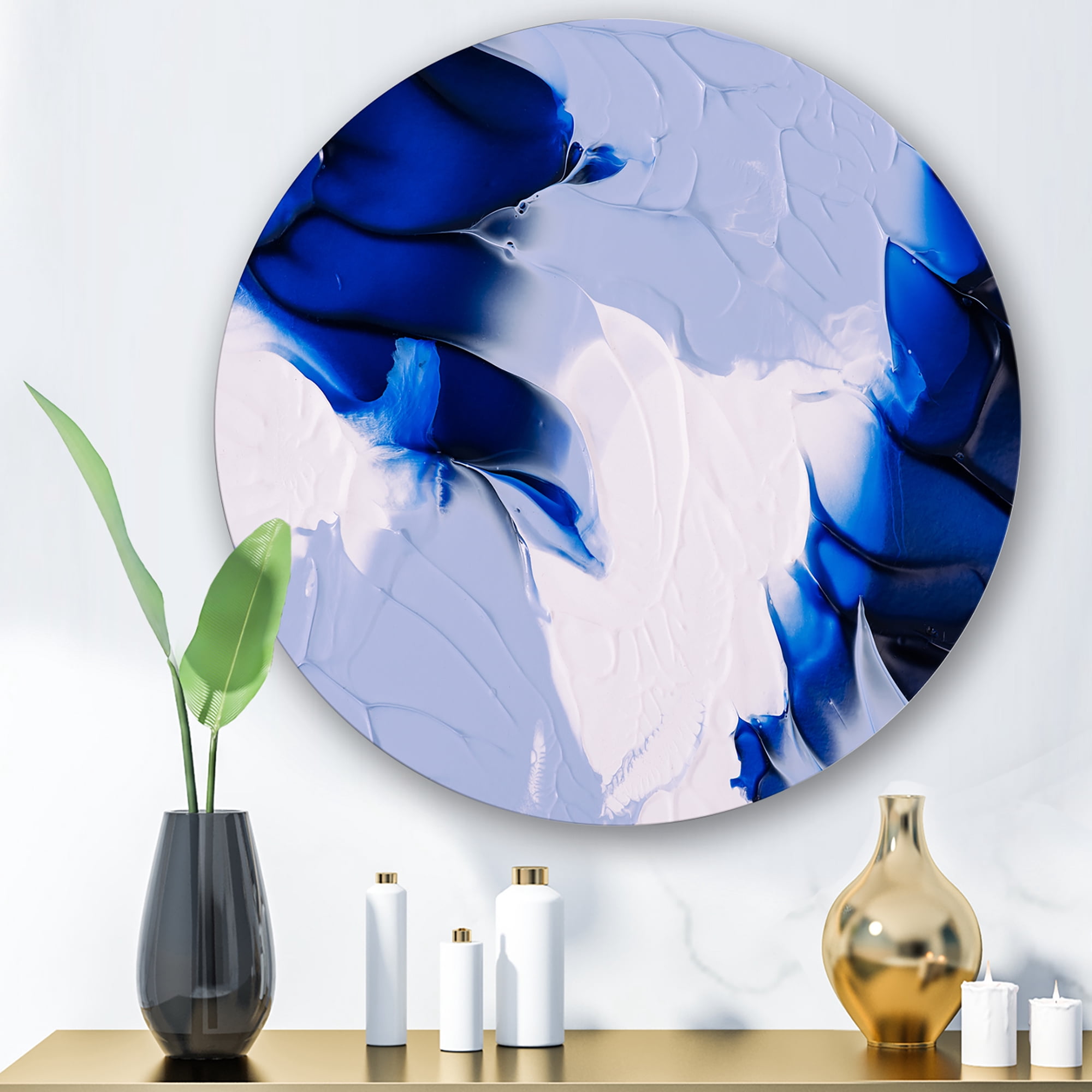 Designart 'Abstract White and Blue Grey Waves' Modern Circle Metal Wall Art 23x23 - Disc of 23