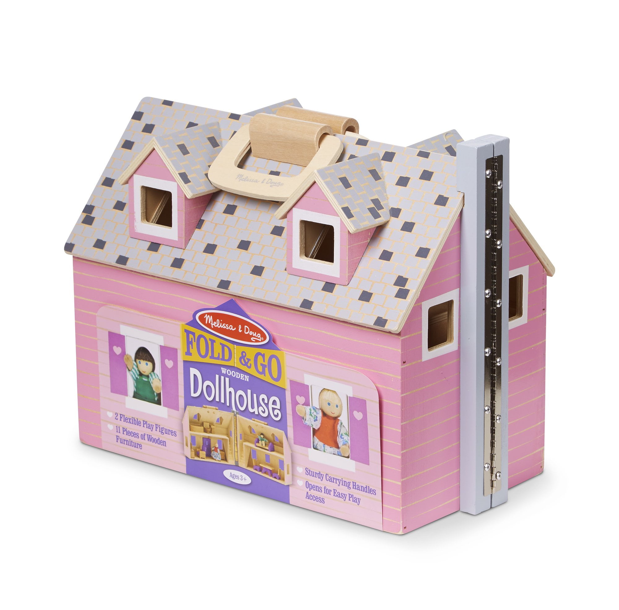 Melissa & Doug Fold and Go Wooden Dollhouse With 2 Dolls and Wooden
