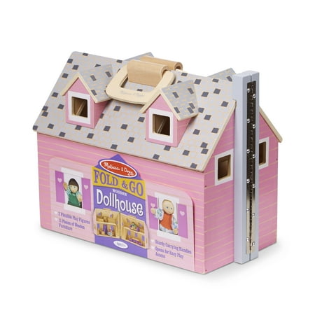 Melissa Doug Fold And Go Wooden Dollhouse With 2 Dolls And
