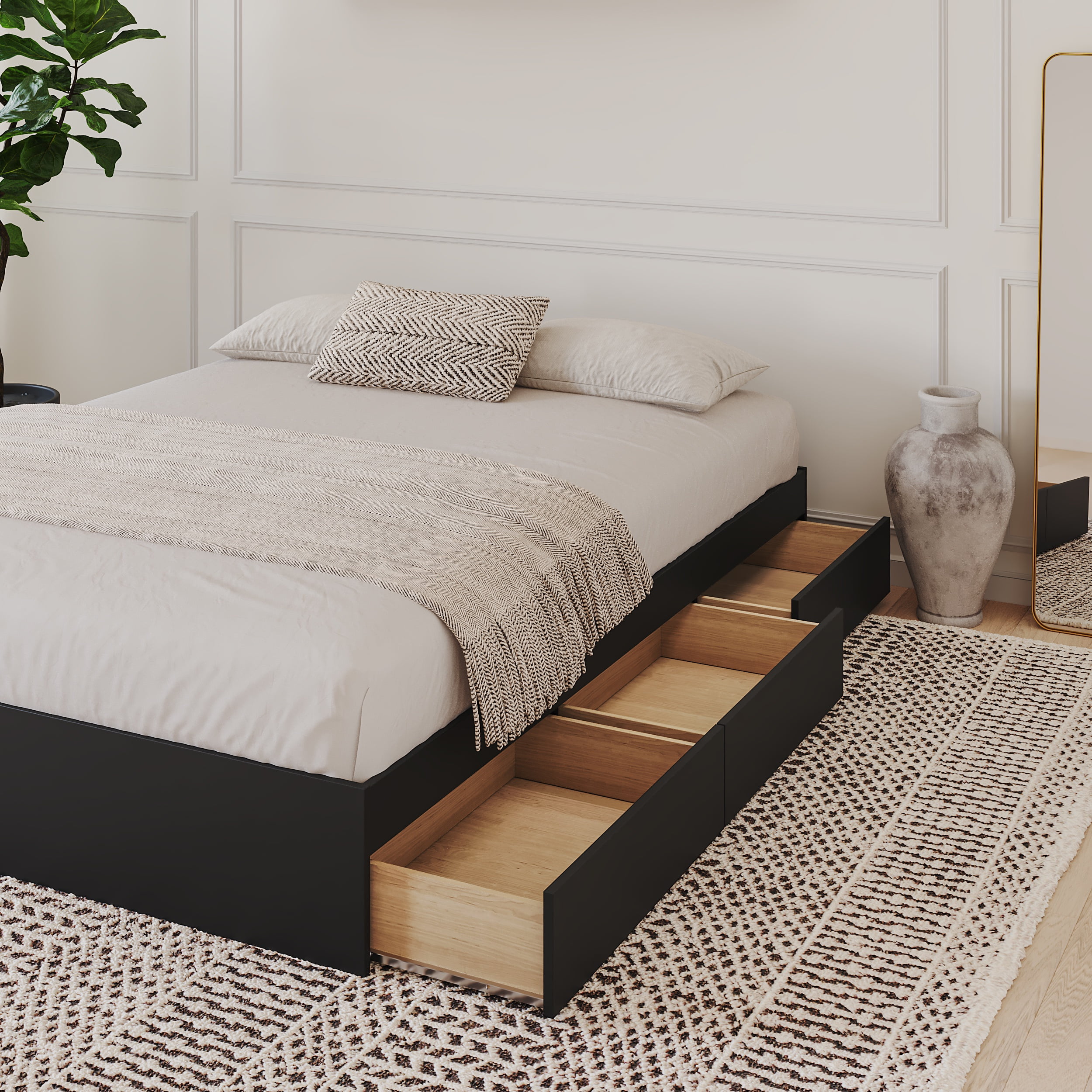 Nexera Full Size Storage Wood Bed Frame with 3 Drawers, Black