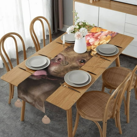 

Pitbull With Pink Flowers Table Runner Imitation Linen Table Runner With Khaki Tassels For Party And Dining Room 14 x 60