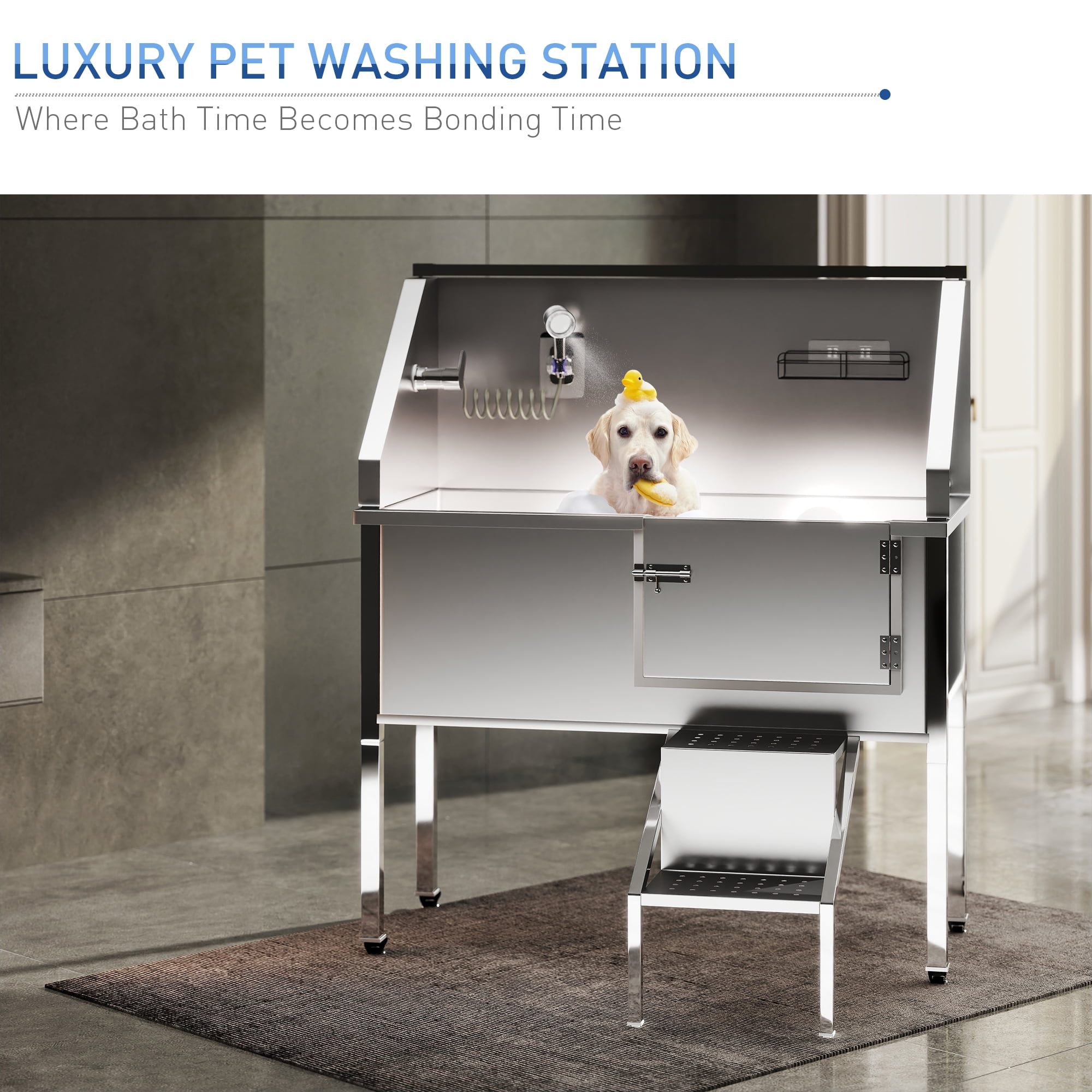 Pefilos 48" Pet Grooming Baths, Dog Bathing Station w/Stairs, Professional Stainless Steel Dog Grooming Tub with Faucet, Dog Bathtub for Large, Medium, Small Pets, Silver