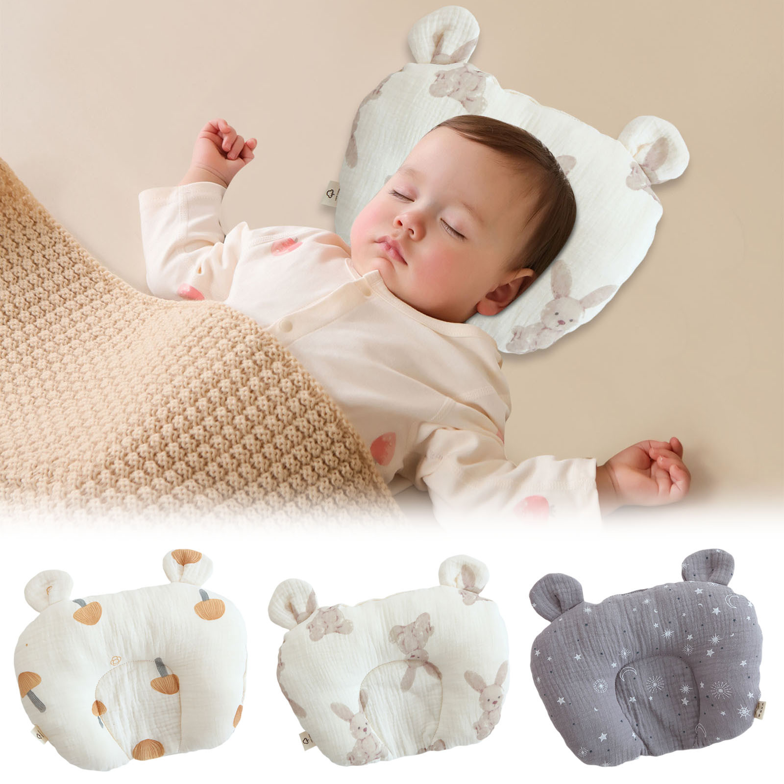 Toddler Pillow Ergonomic Design for Protecting Baby Spine Curve Pure Cotton Flat Pillow Designd Specially for Children-Beige Rabbit