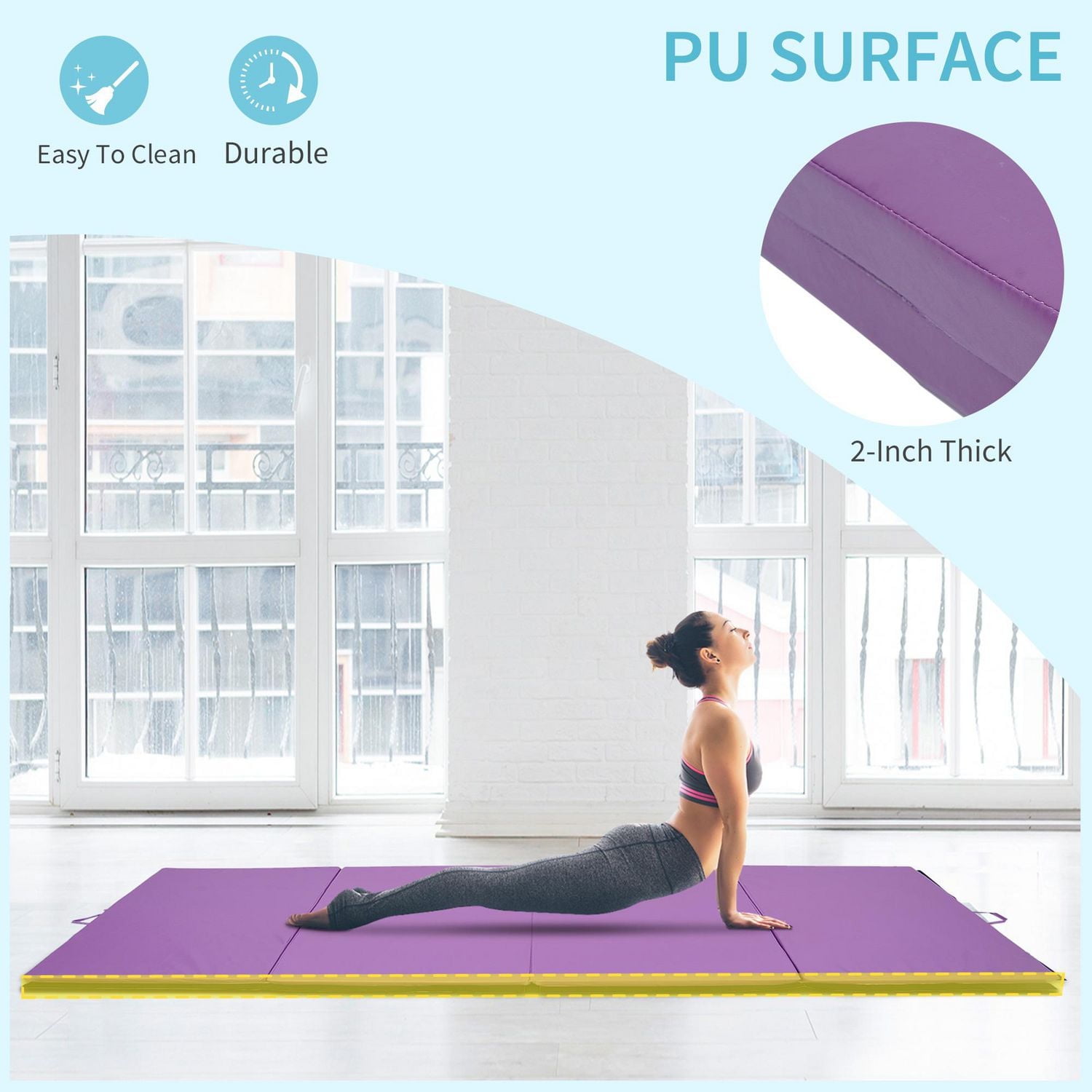 Soozier tapis de gymnastique pliable 10,2 x 25,4 x 5,1 cm, tapis d'exercice avec poignées de transport pour yoga, MMA, arts martiaux, étirements, entraînements de base, violet