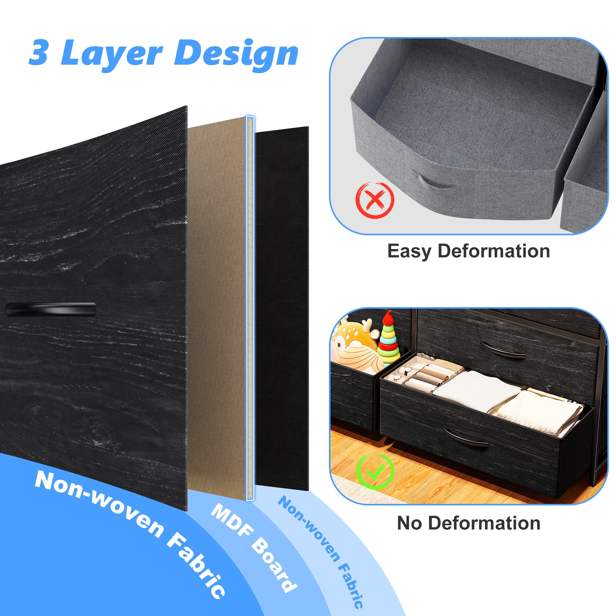 Dresser for Bedroom with 10 Drawers Fabric dresser with LED Lights and Power Outlets,Black