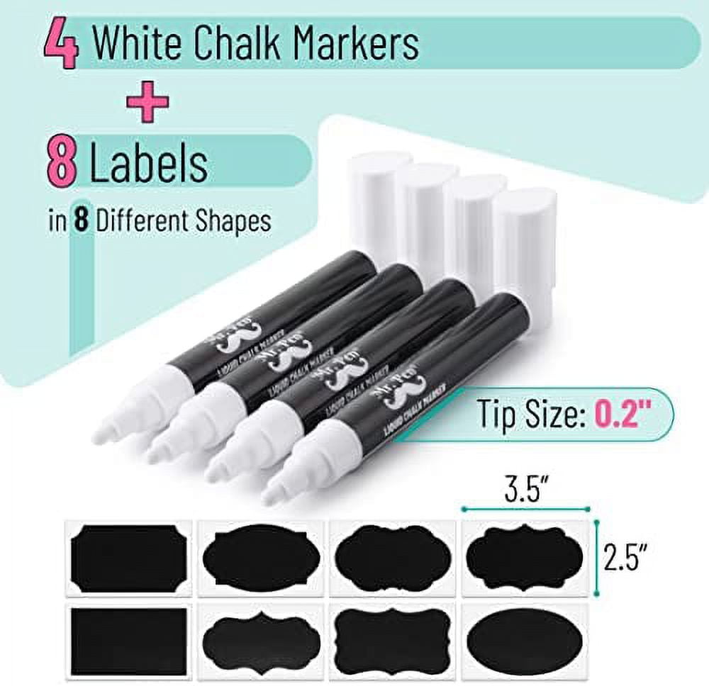 Mr. Pen- White Chalk Markers, 4 Pack, Dual Tip, 8 labels, White Liquid  Chalk Marker, Chalk Markers, White Dry Erase Markers, Chalk Markers for