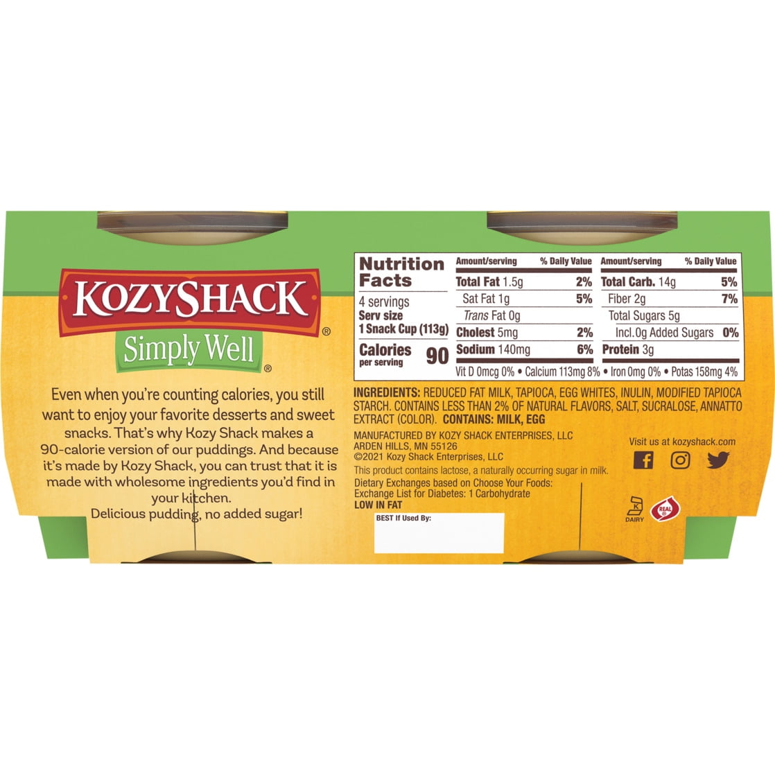 Kozy Shack Simply Well Low Calorie Tapioca Pudding, 4 Count
