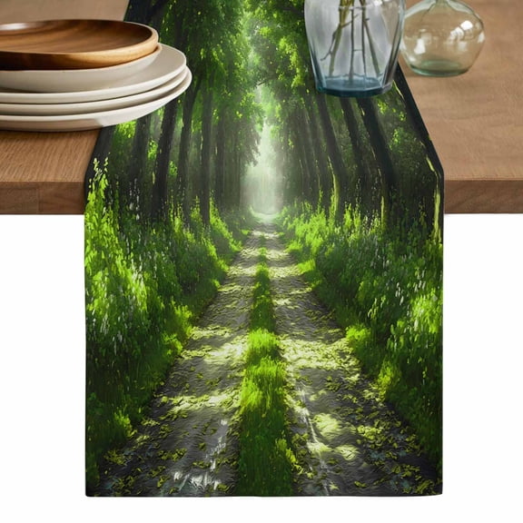 Green Trees Table Runner, Forest Art Decor Spring Summer Nature Leaf Washable Cotton Linen Table Runners 72 Inches Long, Dresser Scarf Runner for Dining/Coffee/Kitchen/TV Stands/Cabinets 13''x72''