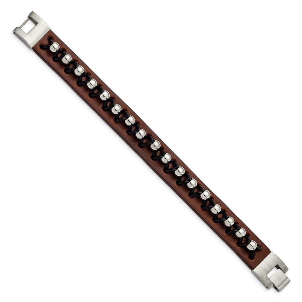 Diamond2Deal Stainless Steel Black and Brown Leather with Polished Beads Bracelet for Men 8.5"