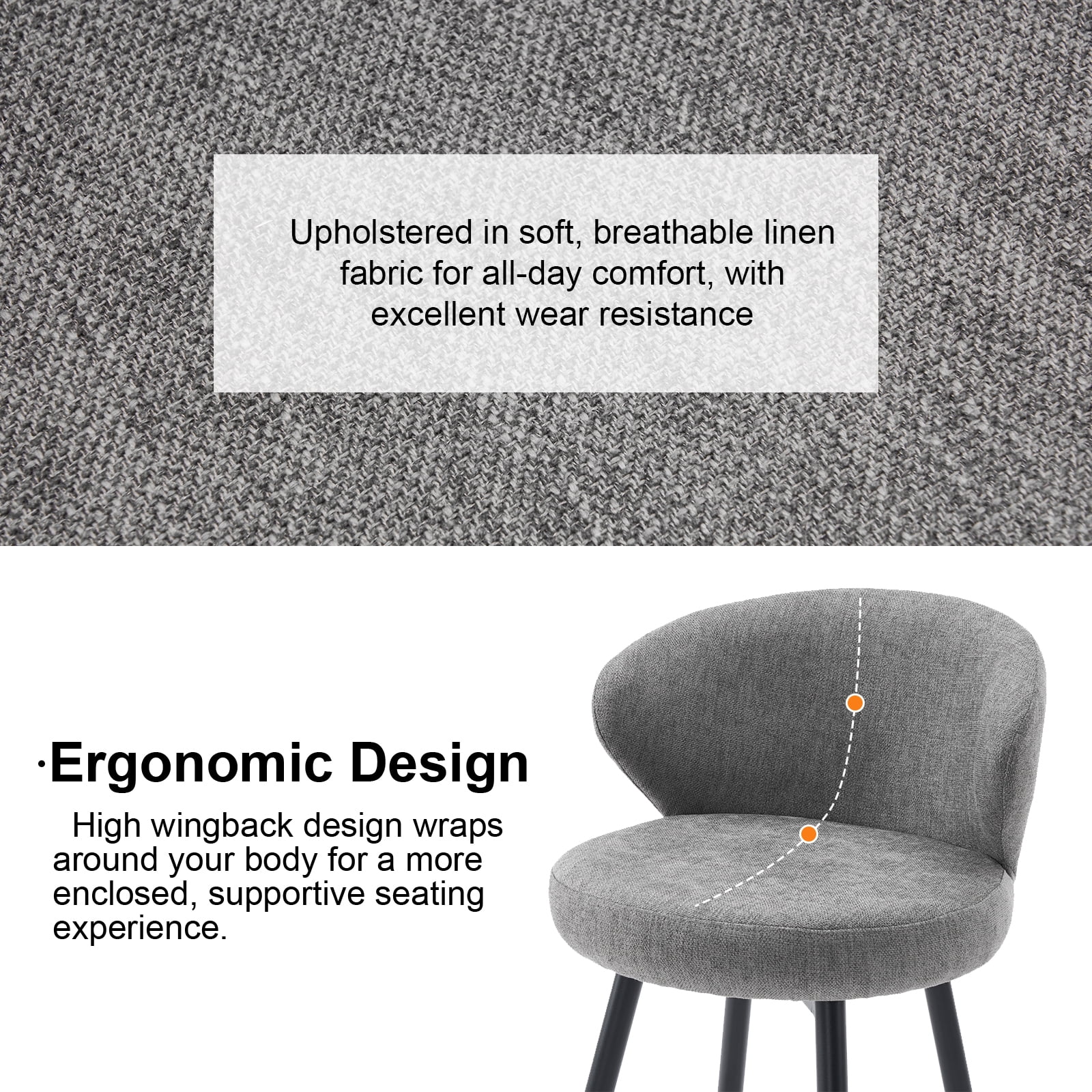 Rongbuk 360° Swivel Modern Bar Stool Set of 2, 26" Upholstered Counter Height Bar Stools with Wingback, Soft Linen Fabric, Counter Chairs with Arm for Kitchen Island or Home Bar, Grey