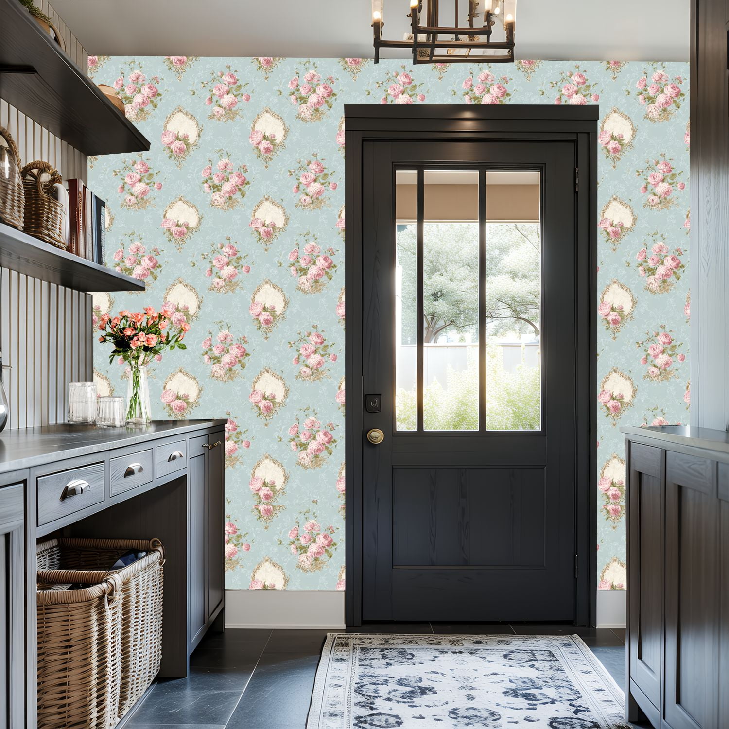 Peel and Stick Wallpaper Vintage Floral Pink Roses Soft Blue Wall Mural 17.7in x 9.8ft Self Adhesive Removable Wall Paper Renter Friendly Wallpaper for Bedroom