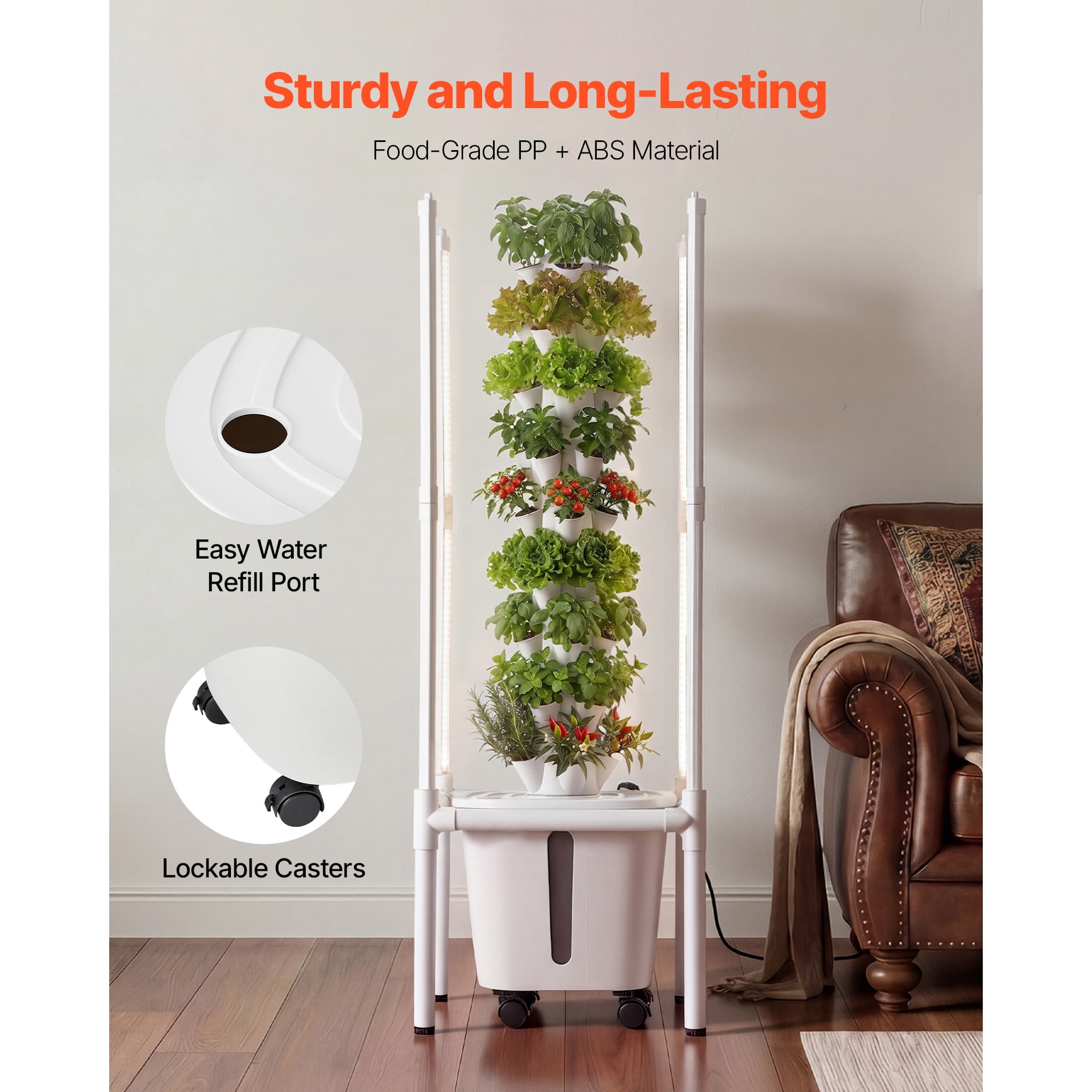 KFFKFF Hydroponic Tower System, 45 Pods and 9 Tiers with LED Grow Light, App Control & Casters, Vertical Indoor Garden with 20L Water Tank & Pump for Growing Herbs, Fruits, and Vegetables
