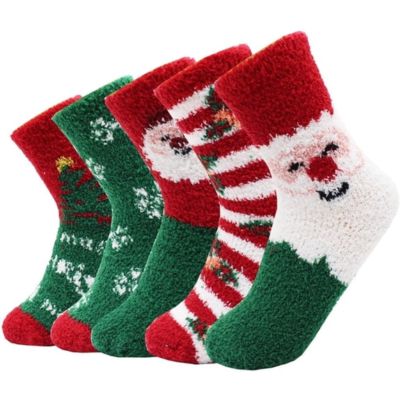 Christmas Fluffy Socks, 5 Pairs Cute Plush Socks for Women Girls, Warm Coral Fleece Xmas Socks, Winter Thermal Christmas Socks for Christmas Party Favours