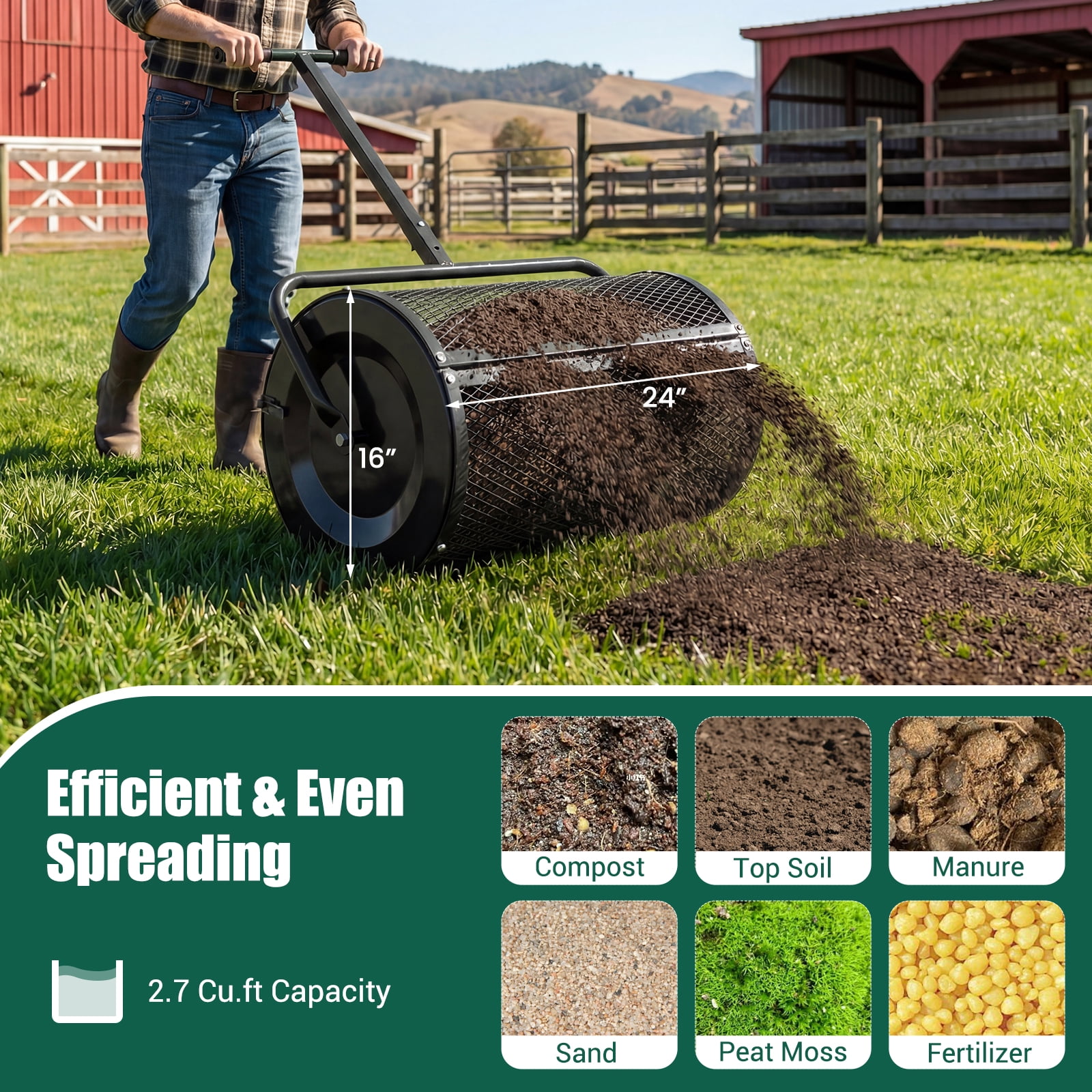 Gymax Compost SpreaderPeat Moss Spreader Roller w/Height-adjustable T-shape Handle Black