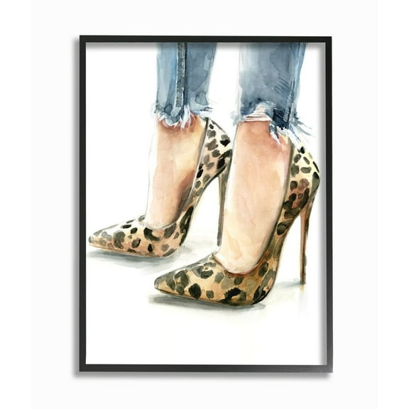 Stupell Industries Cheetah Print Heels Women's Distressed Denim Painting Framed Wall Art Design by Jennifer Paxton Parker, 11" x 14", Black Framed