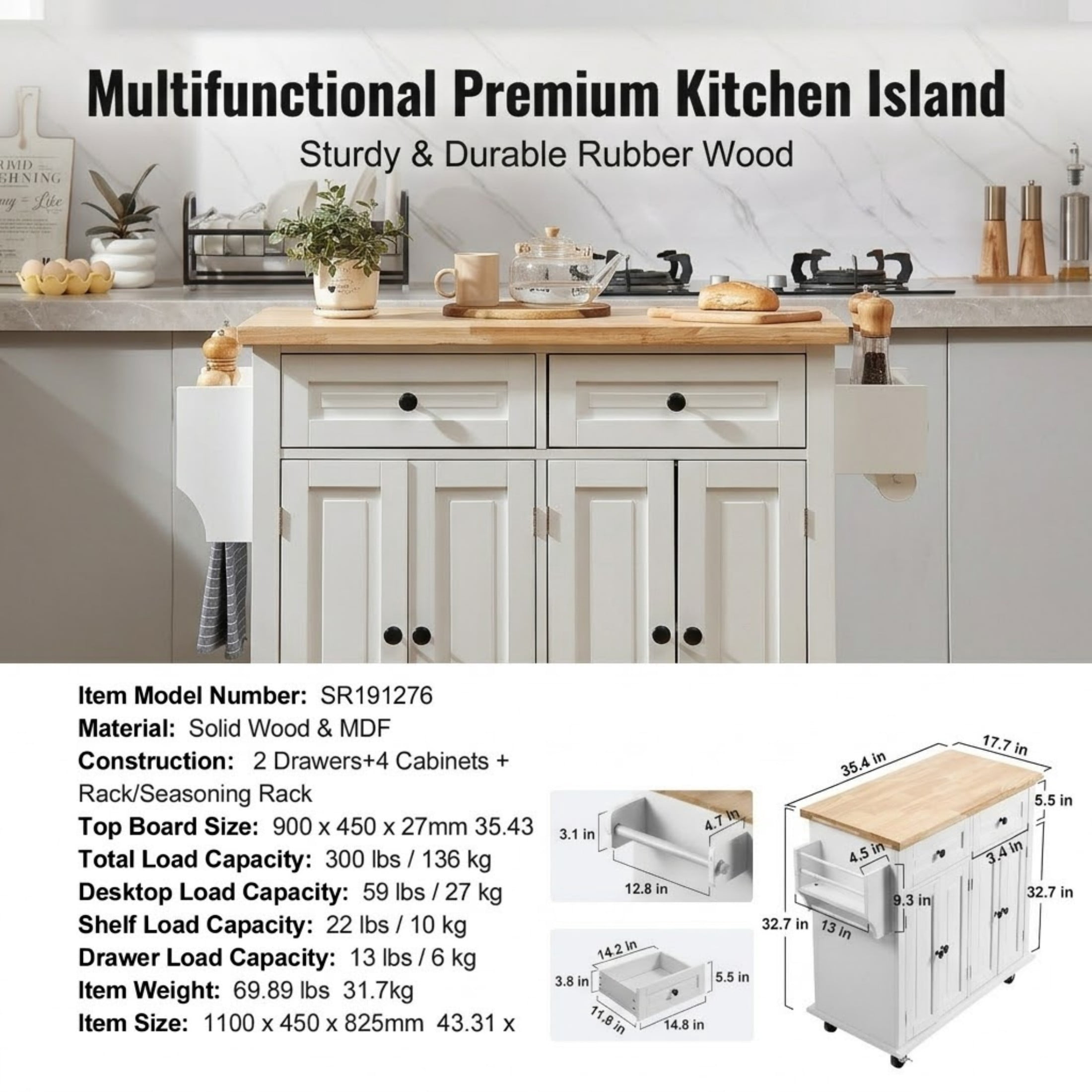 Kitchen Island Cart with Solid Wood Top, 35.4" Wide Mobile Cart with Storage Cabinet, Spice Rack, Towel Rack & Drawer, White