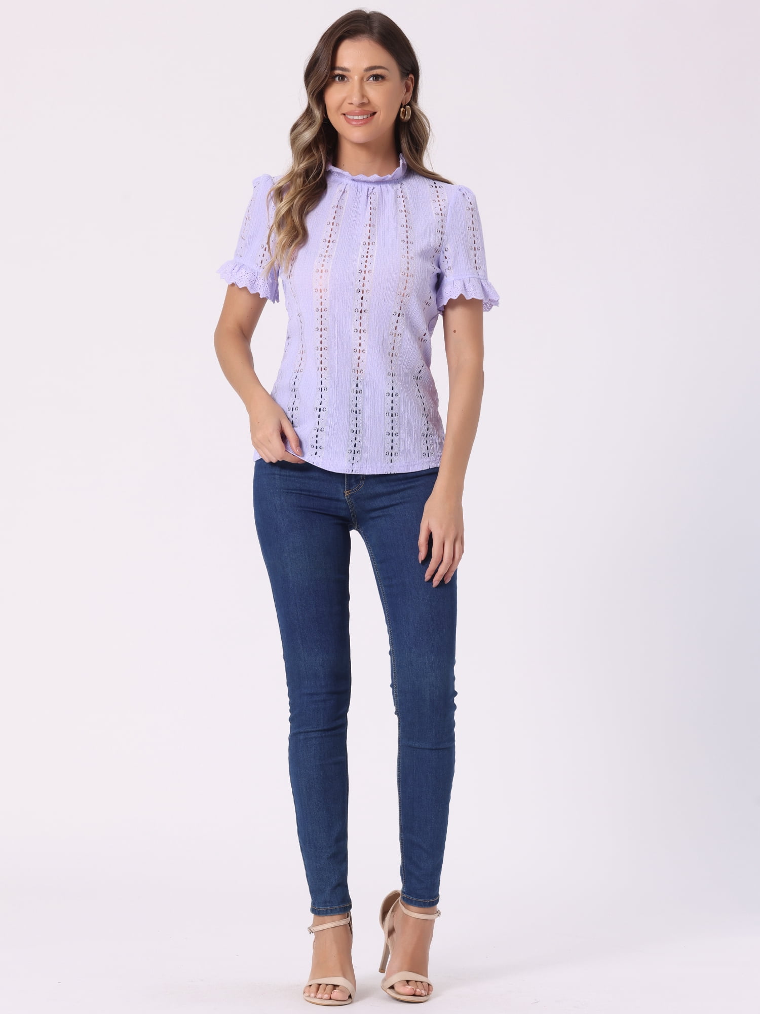 DARING DIVA Women's Mock Neck Puff Sleeve Ruffle Crochet Eyelet Tops S Light Purple