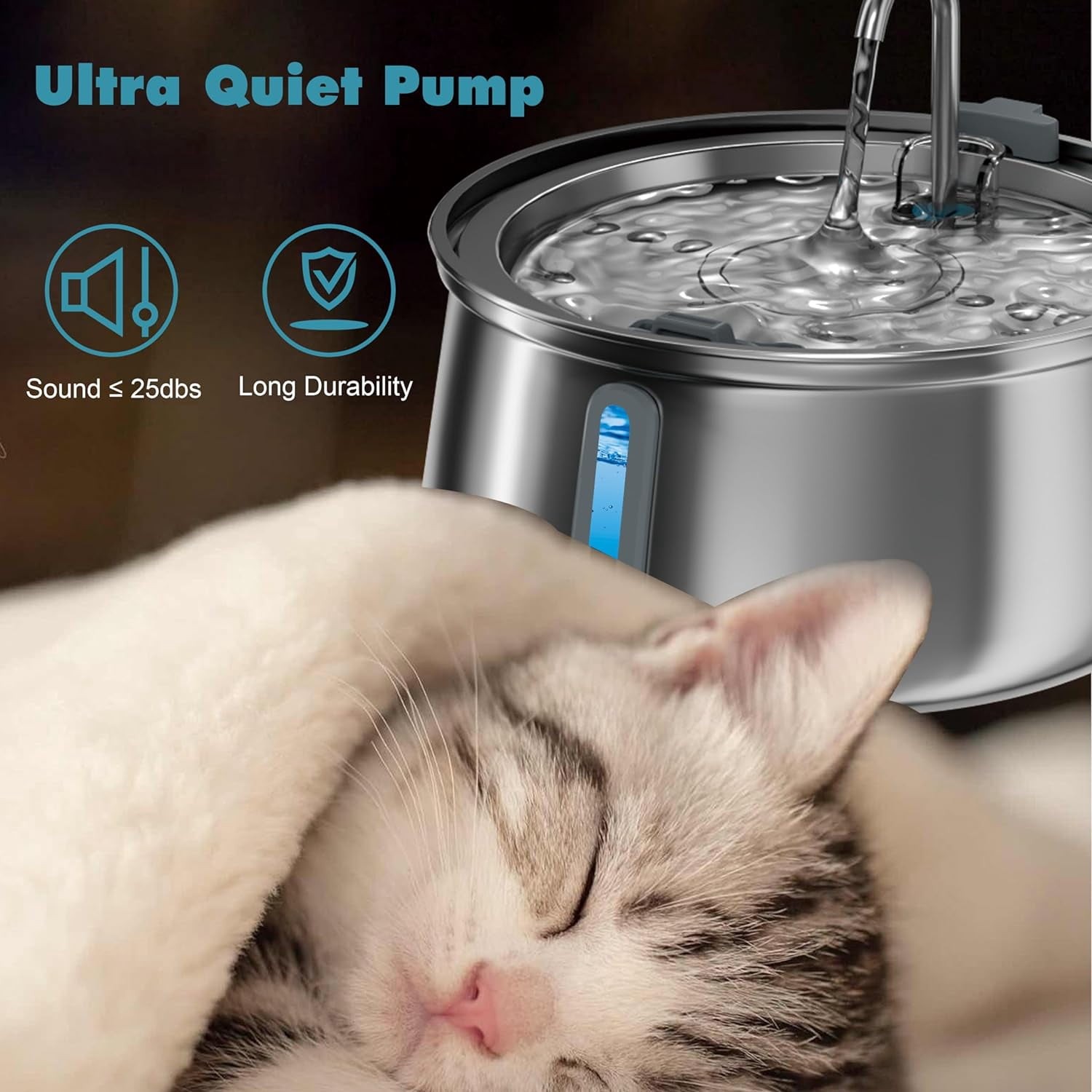 Stainless Steel Cat Water Fountain,Pet Water Fountain 4L/135oz Large Capacity,Dog Water Dispenser with Water Level Window, Multiple Filtration, Quiet Automatic Pet Fountain Easy Clean,2Faucet