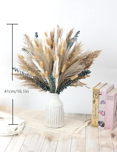 120 PCS Dried Pampas Grass Bouquet, Natural Reed Grass and Dried Flowers for Boho Wedding, Home Table, Rustic Farmhouse Decor (Light Brown)