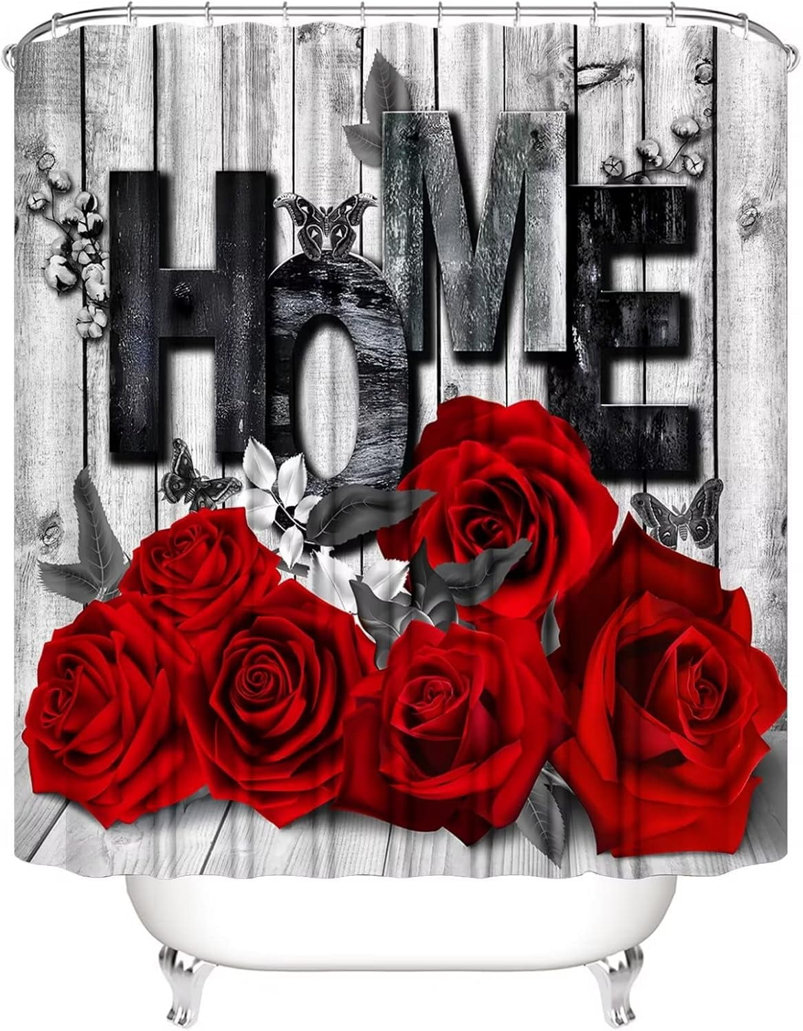 Red Rose 4 Pcs Shower Curtain Sets Non-Slip Rugs Bath Mat Toilet Cover U Shaped Mat Black Red Shower Curtain with 12 Hooks Red Rose Bathroom Set