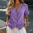 thumbnail image 2 of DLIDG Cotton Linen Tops fort Women Button Down V Neck Short Sleeve Waistcoat Shirts Dressy Casual Tunic Shirts Trendy Gauze Vest Blouse Lightweight Blouse Business Vacation Casual Outfits Purple M, 2 of 4