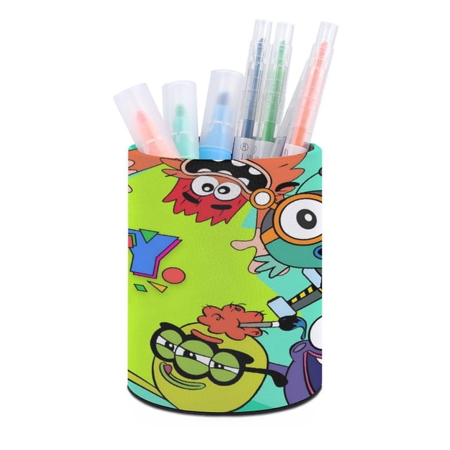 GoNoodle-theme Cylinder Pen Holder Pencil Organizer with Flannel Lining PVC Leather Material Cardboard Base for study work 10*8CM