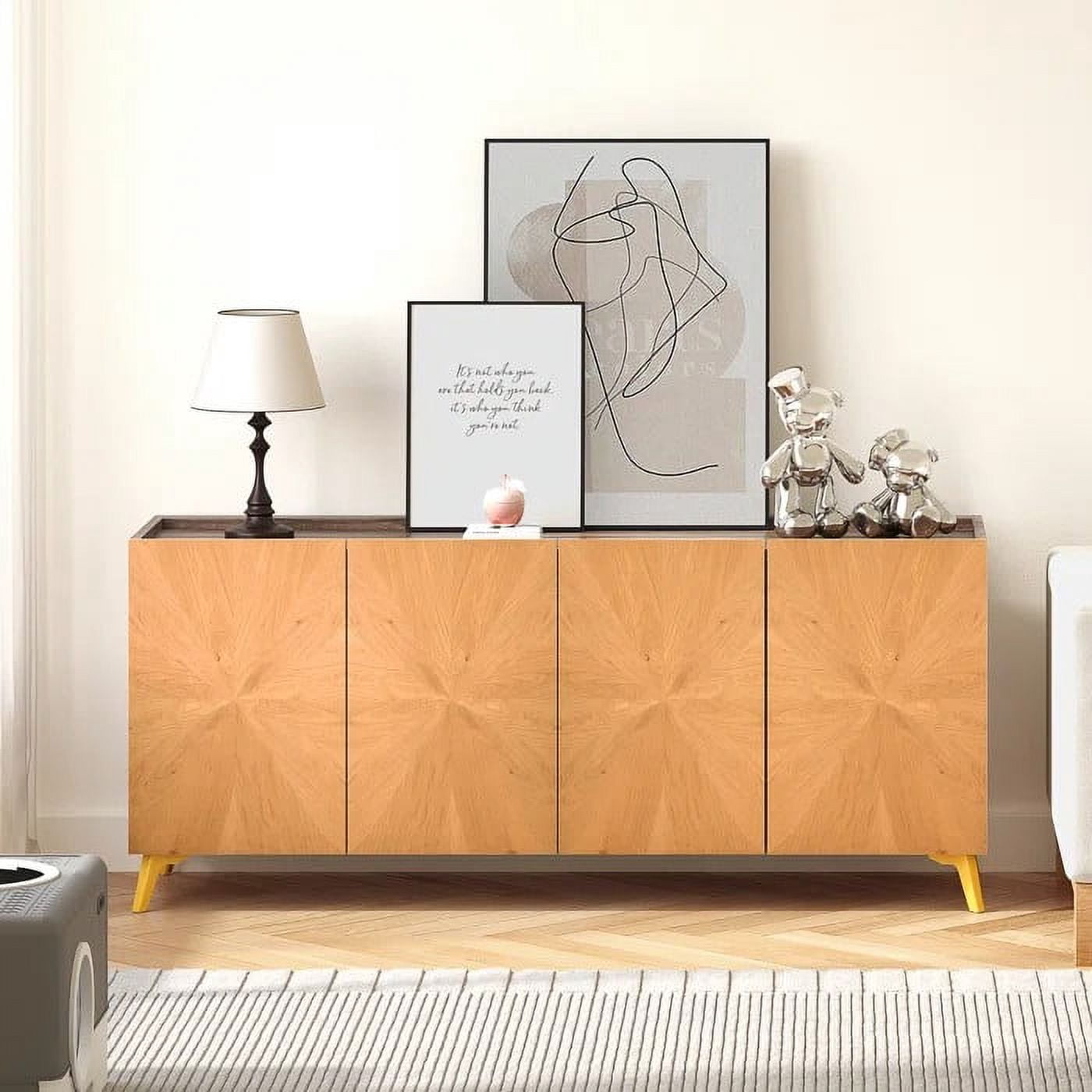 Dextrus 63'' Wood Sideboard Buffet Cabinet Console 4 Door Sunburst Warm Brown Oak